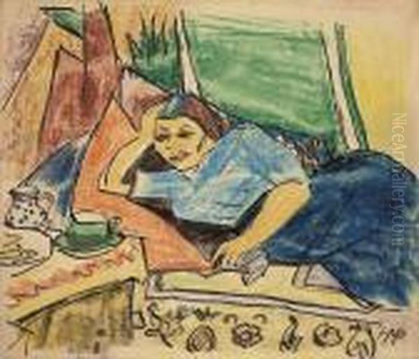 Liegende Auf Diwan Oil Painting by Hermann Max Pechstein