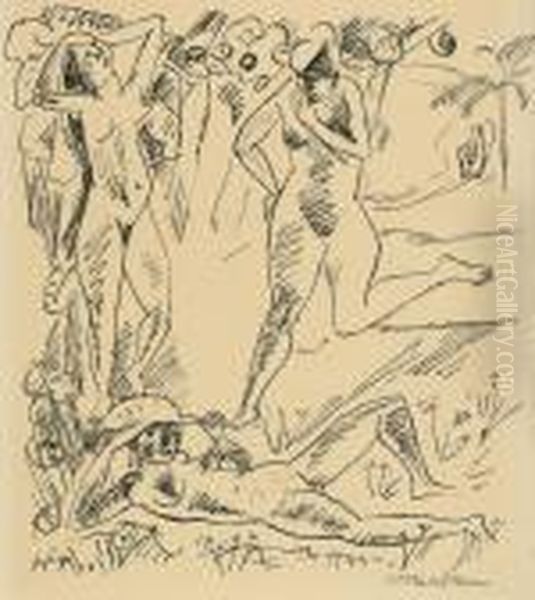 Komposition (mit Drei Palauakten) Oil Painting by Hermann Max Pechstein