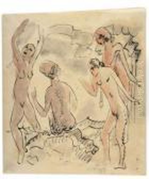 Vier Akte (badende). Oil Painting by Hermann Max Pechstein