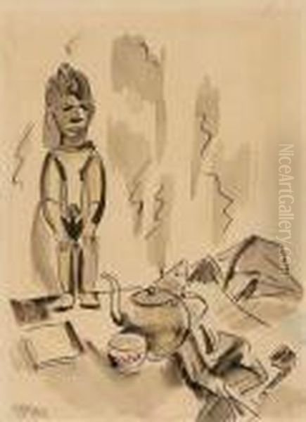 Still Life With African Statue, Teapot And Pipe Oil Painting by Hermann Max Pechstein