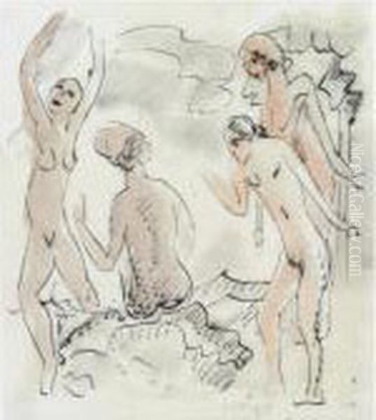 Vier Akte (badende) Oil Painting by Hermann Max Pechstein