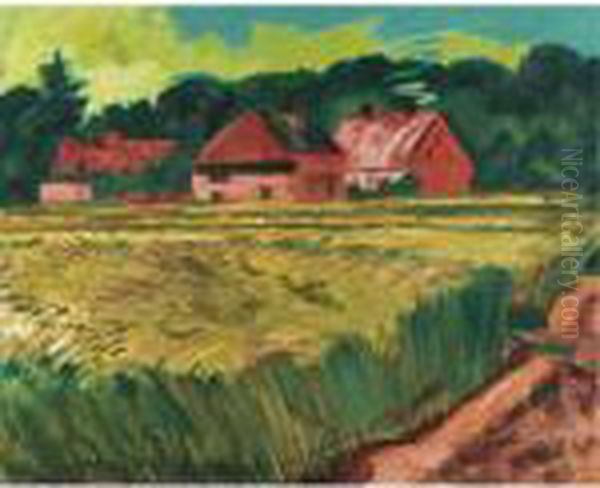 Bauernhauser Mit Getreidefeld In Leba (farmhouses With Wheat Fieldin Leba) Oil Painting by Hermann Max Pechstein