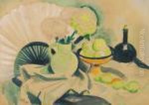 Stillleben Mit Chrysanthemen Und Facher