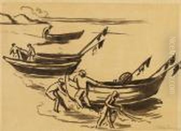 Fischerboote Am Strand Oil Painting by Hermann Max Pechstein