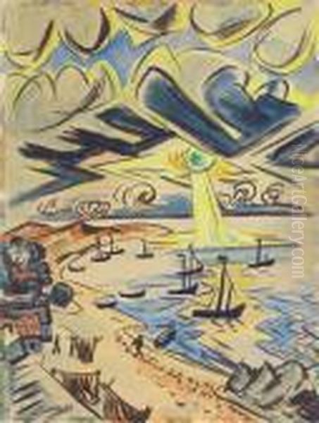 Boote Am Strand Von Nidden Oil Painting by Hermann Max Pechstein