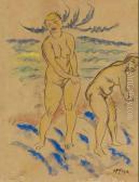 Zwei Stehende Weibliche Akte Am Wasser. Oil Painting by Hermann Max Pechstein