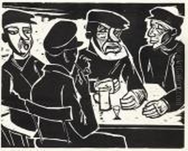 2 Bll.: Fischer. In Der Kneipe (kajute) Oil Painting by Hermann Max Pechstein