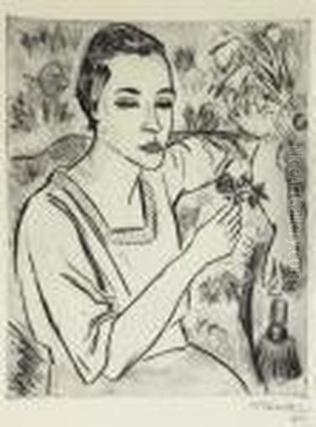 Frau Mit Blume - Portrait Lise Moller Oil Painting by Hermann Max Pechstein