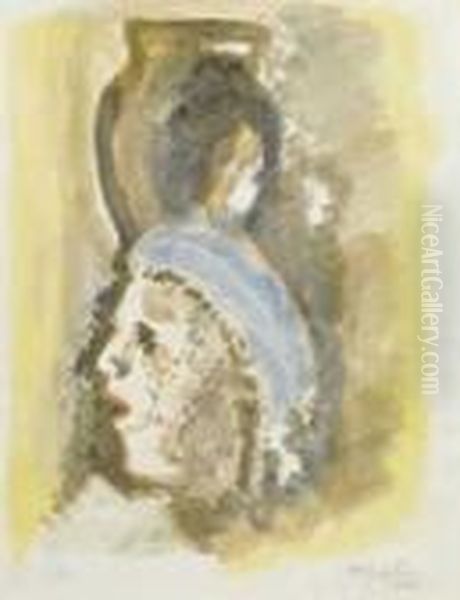 Frauenkopf Mit Vase Oil Painting by Hermann Max Pechstein