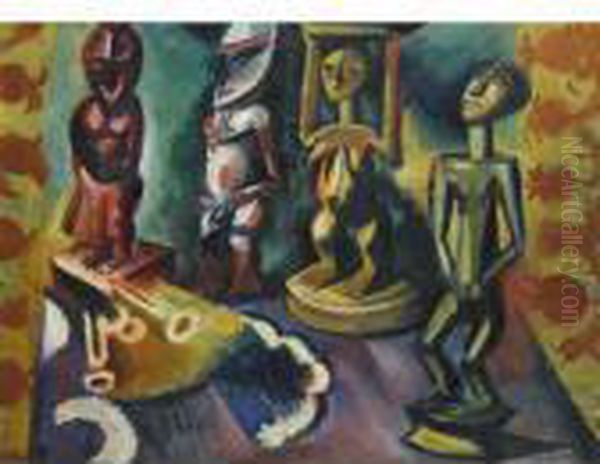 Stilleben Mit Exotischen Plastiken (still Life With Exotic Sculptures) - Recto
 Bildnis Hugo Pechstein (portrait Of Hugo Pechstein) - Verso Oil Painting by Hermann Max Pechstein