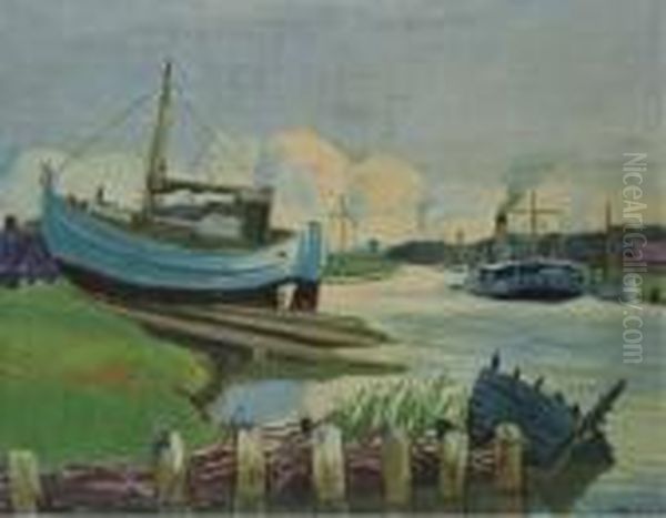 Kutter-slip Mit Bagger Oil Painting by Hermann Max Pechstein