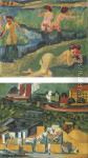 Vier Badende (recto); Baustelle In Schmargendorf (verso) Oil Painting by Hermann Max Pechstein