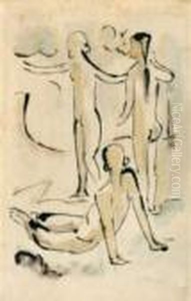 Drei Badende Am Strand Oil Painting by Hermann Max Pechstein