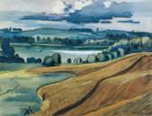Sommerliche (mecklenburger) Landschaft Mit Getreidefeldern Und Schnittern Oil Painting by Hermann Max Pechstein