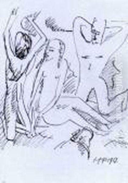 Drei Badende Oil Painting by Hermann Max Pechstein