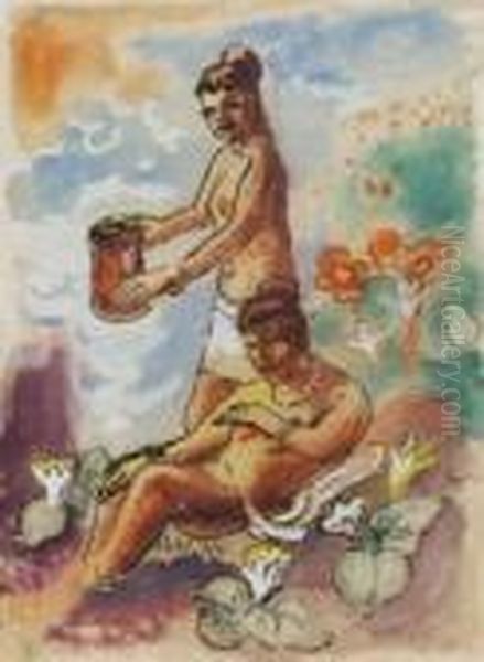 Das Ferne Paradies (sudseemadchen In Tropischer Landschaft) Oil Painting by Hermann Max Pechstein