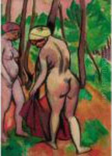 Zwei Akte Am Waldesrand (two Nudes In A Forest) Oil Painting by Hermann Max Pechstein