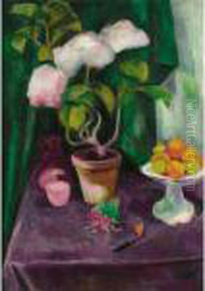 Stilleben Mit Blumenstock (still Life With Flowering Plant) Oil Painting by Hermann Max Pechstein