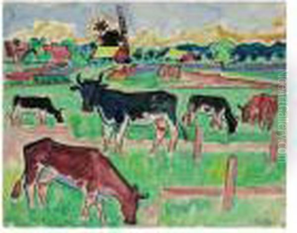 Kuhe Auf Der Weide (cows In The Meadow) Oil Painting by Hermann Max Pechstein