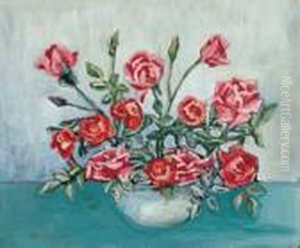 Blumenstilleben (rote Rosen In Einer Schale) Oil Painting by Hermann Max Pechstein