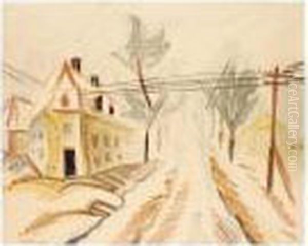 Allee Mit Haus Und Telegrafendrahten (alley With House And Telegraph Wires) Oil Painting by Hermann Max Pechstein