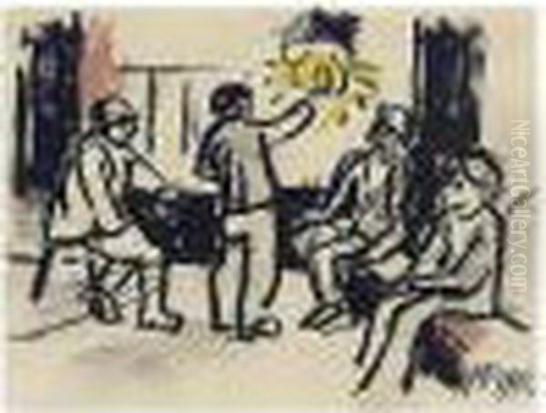 Fischer In Der Kneipe , Signed 
With The Monogram And Dated 1912, Brush And Ink, Coloured Crayon And 
Pencil On Paper, 10.4 By 14.2 Cm., 4 1/8 By 5 1/2 In Oil Painting by Hermann Max Pechstein