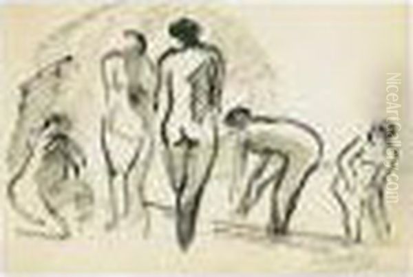Funf Weibliche Akte (five Female Nudes) Oil Painting by Hermann Max Pechstein