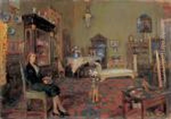 Interno Dello Studio Del Pittore Con La Moglie Oil Painting by Giuseppe Pennasilico