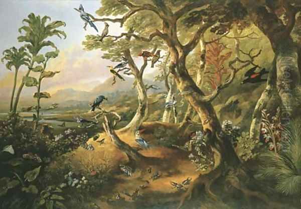 Exotic birds and insects among trees and foliage in a mountainous river landscape Oil Painting by Philip Reinagle