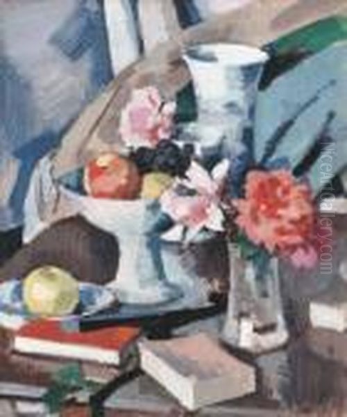 Pink Roses, Fruit And Books On A Polished Table Oil Painting by Samuel John Peploe