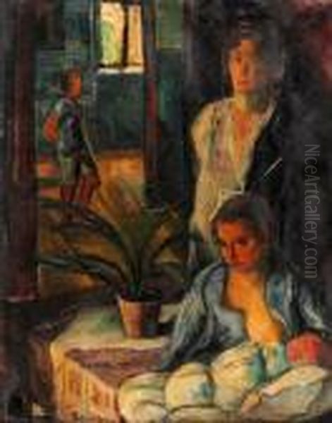 A Family In The Room Oil Painting by Vilmos Perlrott-Csaba
