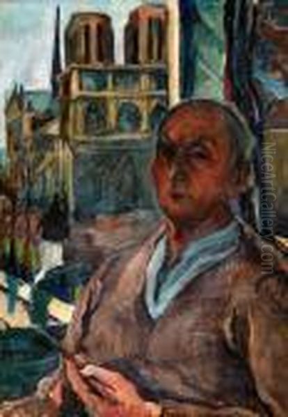 Self-portrait And Paris View Oil Painting by Vilmos Perlrott-Csaba