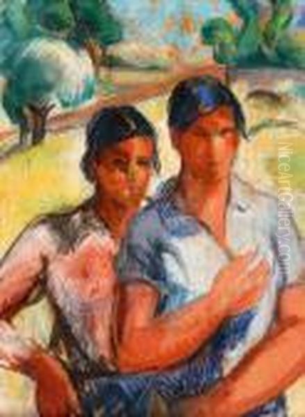 Two Workmen Oil Painting by Vilmos Perlrott-Csaba