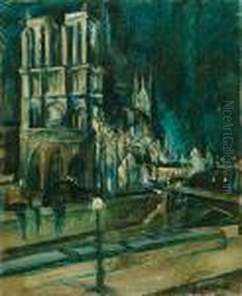 A Parizsi Notre Dame Oil Painting by Vilmos Perlrott-Csaba