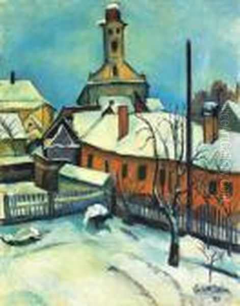 Nagybanya In The Winter Oil Painting by Vilmos Perlrott-Csaba