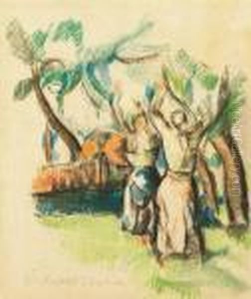 Apple Pickers In Nagybanya Oil Painting by Vilmos Perlrott-Csaba