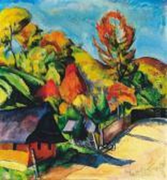Landscape In Nagybanya, 1920-as Evek Oil Painting by Vilmos Perlrott-Csaba