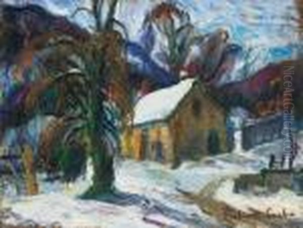 Nagybanya In Winter Oil Painting by Vilmos Perlrott-Csaba