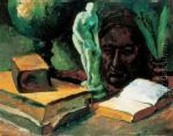 Still Life With A Statue, 1920s Oil Painting by Vilmos Perlrott-Csaba