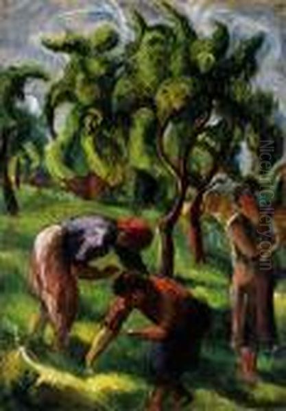 Fruit Pickers Oil Painting by Vilmos Perlrott-Csaba