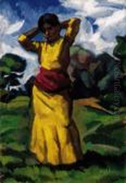 Yellow-dressed Model In Landscape In Kecskemet, Early 1910s Oil Painting by Vilmos Perlrott-Csaba