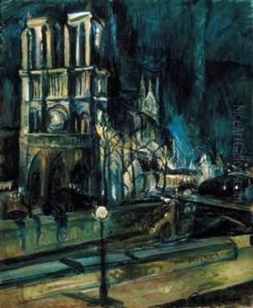 The Notre Dame In Paris Oil Painting by Vilmos Perlrott-Csaba