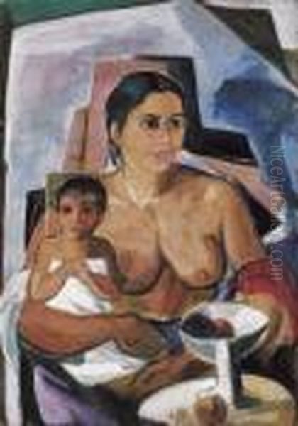 Mother With Child Oil Painting by Vilmos Perlrott-Csaba