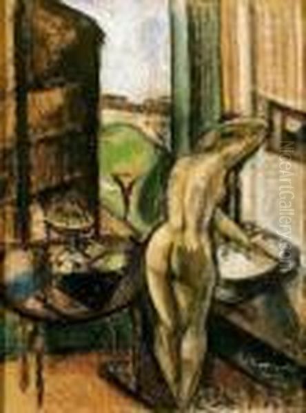 Nude In A Hotel Room Oil Painting by Vilmos Perlrott-Csaba