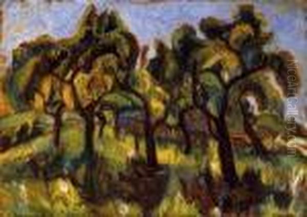 Trees In The Garden Oil Painting by Vilmos Perlrott-Csaba
