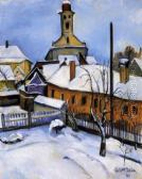 Nagybanya In Winter Oil Painting by Vilmos Perlrott-Csaba