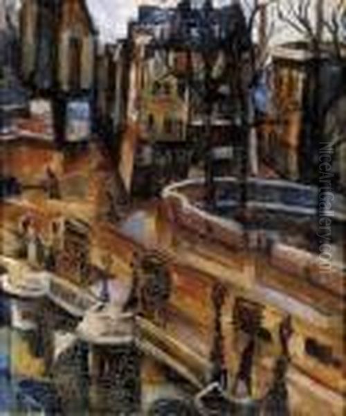 Parisian Seine Bank Oil Painting by Vilmos Perlrott-Csaba