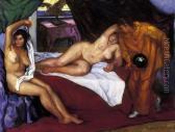 Harlequin And Models Oil Painting by Vilmos Perlrott-Csaba