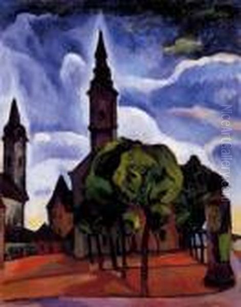Small Town Detail With A Tower, Trees, And Ad Tower Oil Painting by Vilmos Perlrott-Csaba