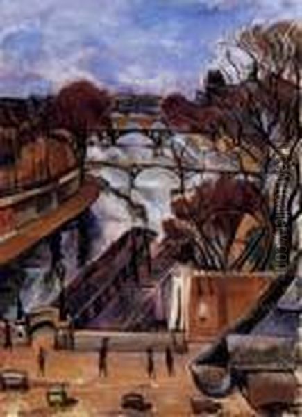 The Banks Of The River Seine In Paris From The Window Of The Artist's Studio Oil Painting by Vilmos Perlrott-Csaba
